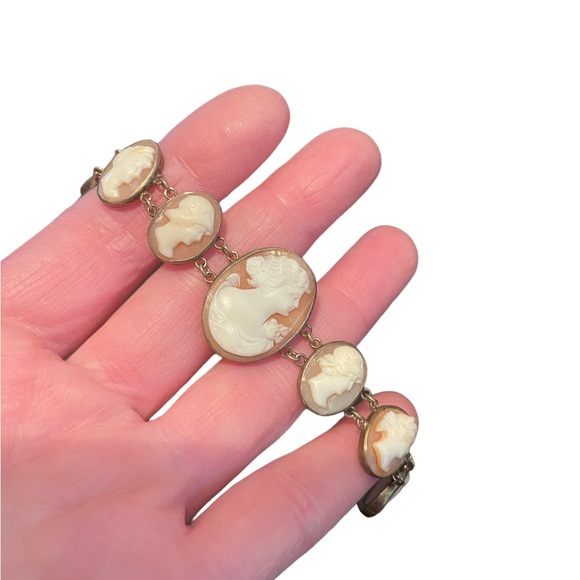 Stunning Antique Art Deco Italy Carved Shell Cameo Link Bracelet 900 GF wash - Picture 6 of 11